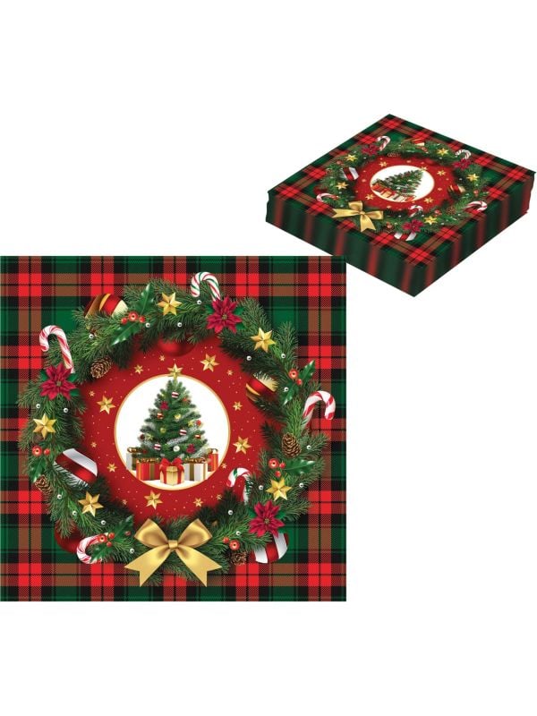 20 papieren kerstboom schotse ruit kerstservetten