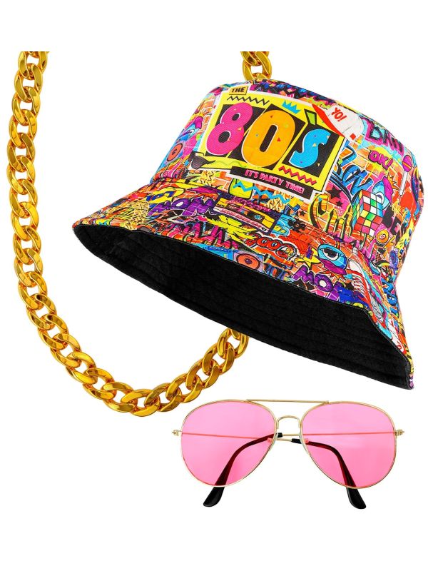 80s Verkleedset Bucket Hat Bril en Ketting