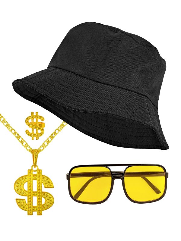 90s Hiphop Accessoire Set Zwarte Bucket Hat Zonnebril Ketting en Ring
