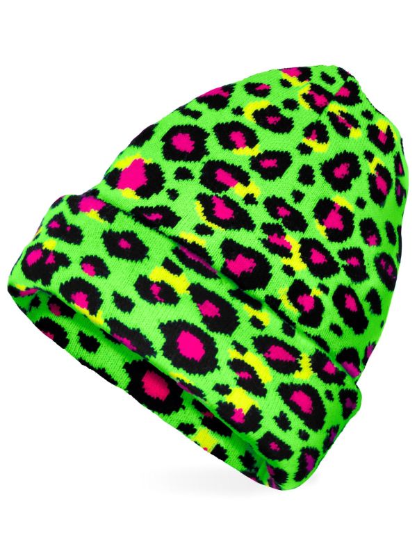 Beanie Carnaval Muts Neon Groen met Luipaardprint Dames Heren