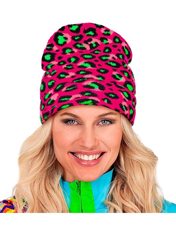 Beanie Carnaval Muts Neon Roze Panterprint Dames Heren