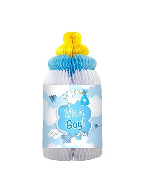 Blauwe babyflesje honingraat decoratie