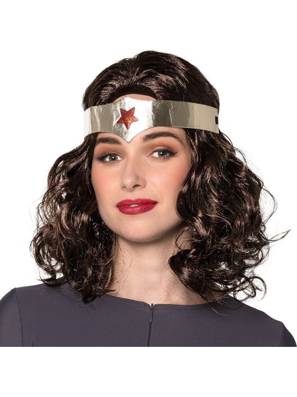 Bruine Pruik Wonder Woman met Zilveren Hoofdband