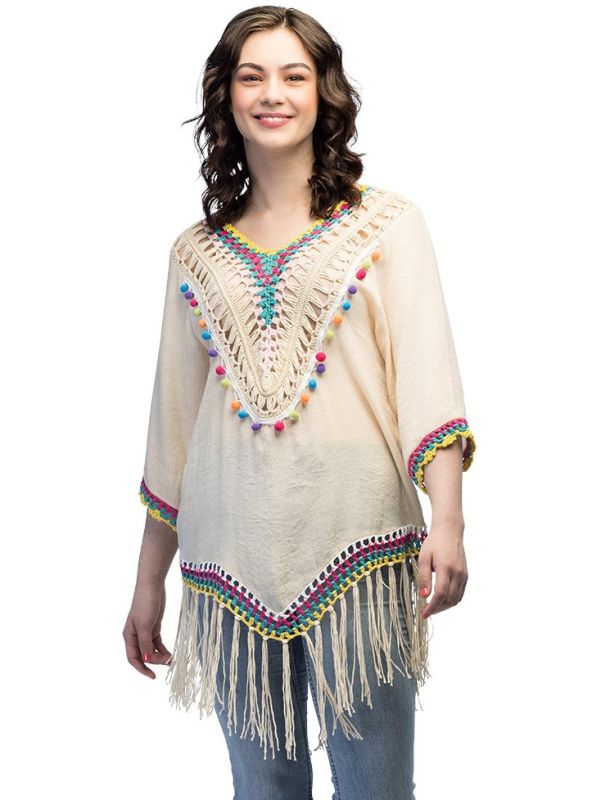 Creme 70's Hippie Tuniek Dames met Pompon Franjes