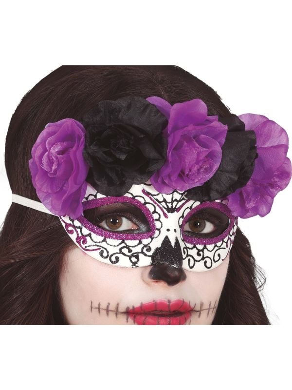 Día de Muertos masker met bloemen paars en zwart