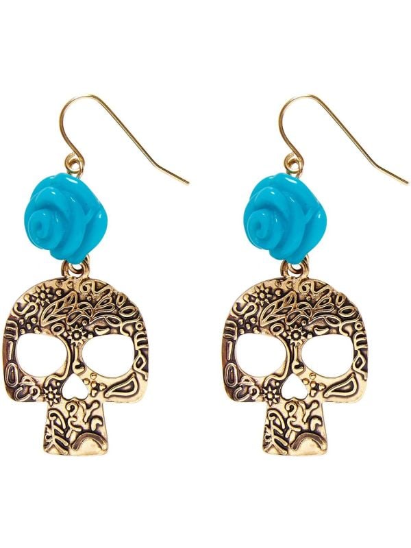 Day of the dead oorbellen blauw goud