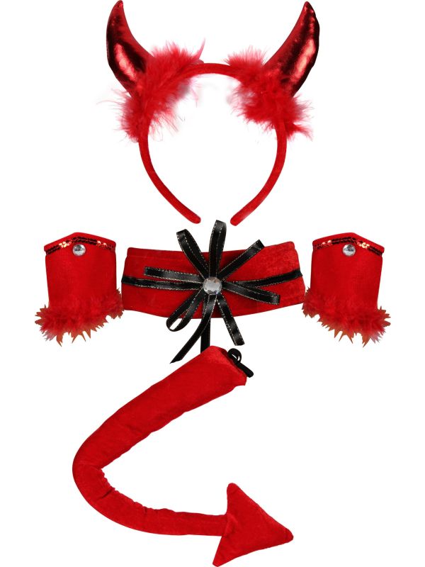 Devil Set Rood Diadeem Staart Manchetten Halloween