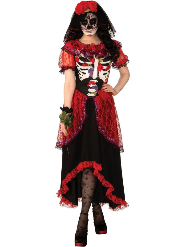 Día de Los Muertos Dames Kostuum Rood Zwart