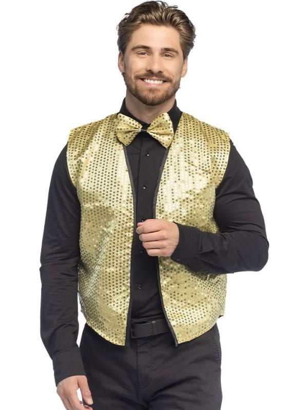 Disco Glitter Gilet In Goud Met Strik Voor Mannen