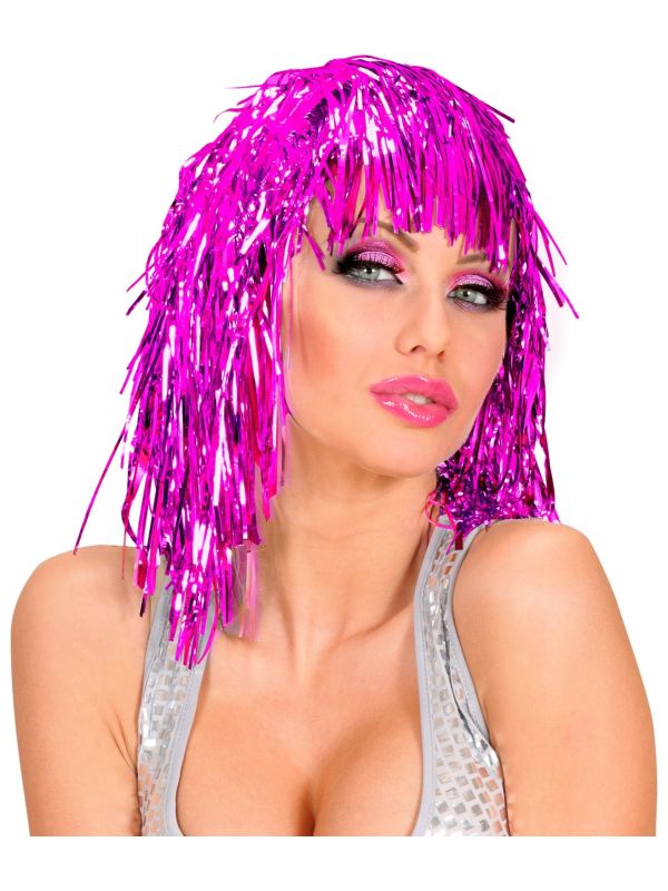 Disco tinsel pruik roze