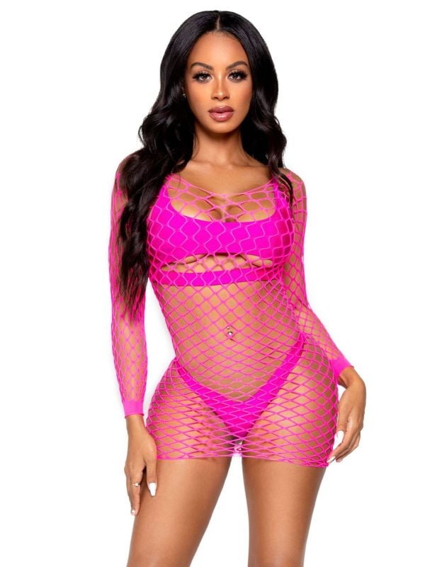 Festival visnet jurkje off shoulder neon roze