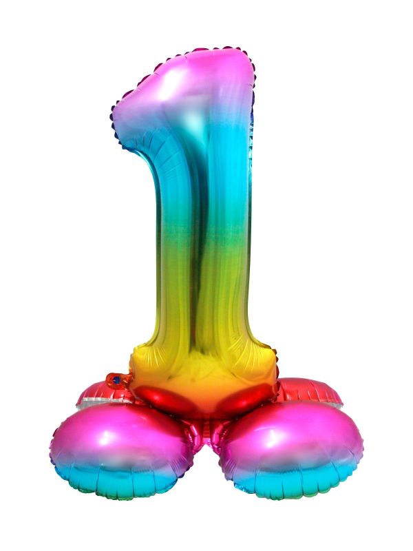 Folieballon cijfer 1 regenboog met standaard 72cm