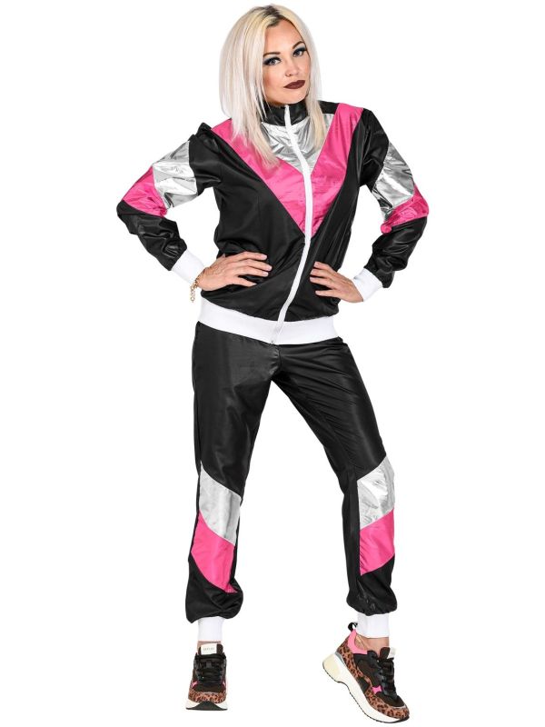 Fout 80s trainingspak zwart-roze volwassenen