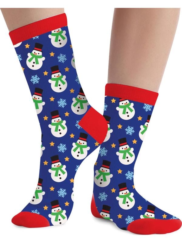 Foute kerstsokken kind sneeuwman blauw