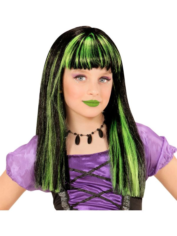 Gestreepte heksen pruik groen-zwart main product photo