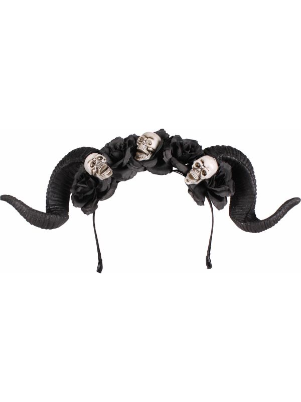 Gothic Diadeem Zwart Horens Rozen Skulls Halloween