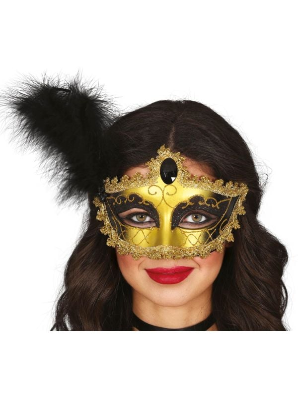 Goud Zwart Masker met Veer Venetiaans Carnaval