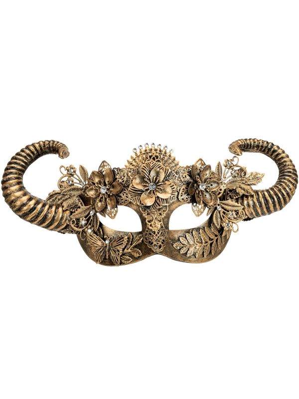 Gouden Duivel Oogmasker met Hoorns en Bloemen