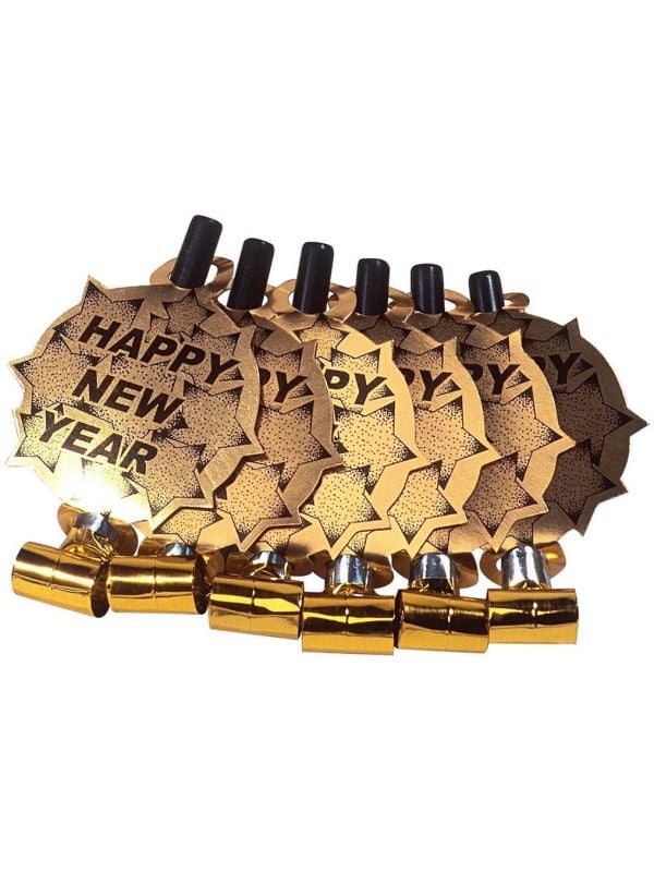 Gouden Happy New Year fluitjes 6 stuks