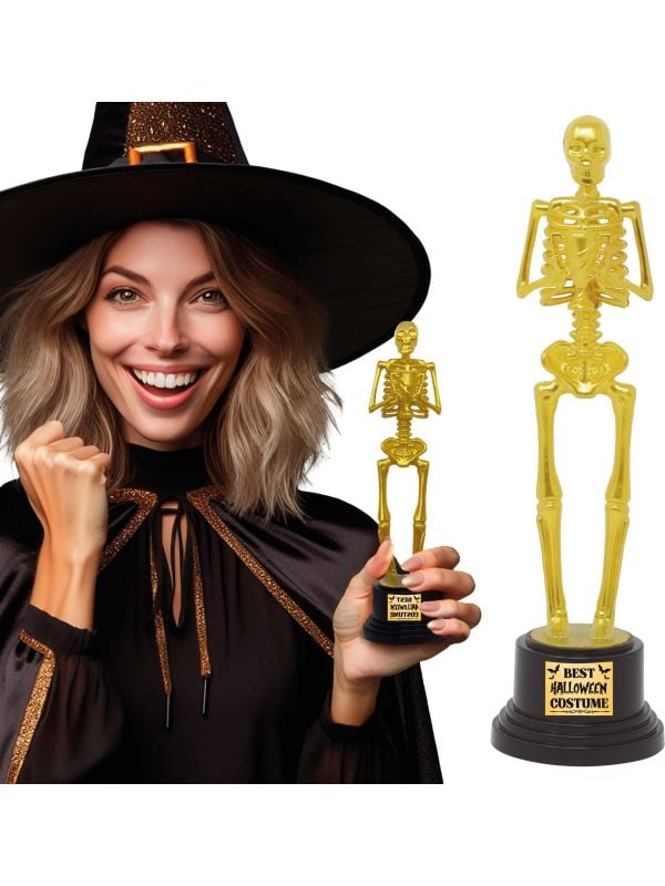 Gouden skelet beste halloween kostuum award plastic 22 cm