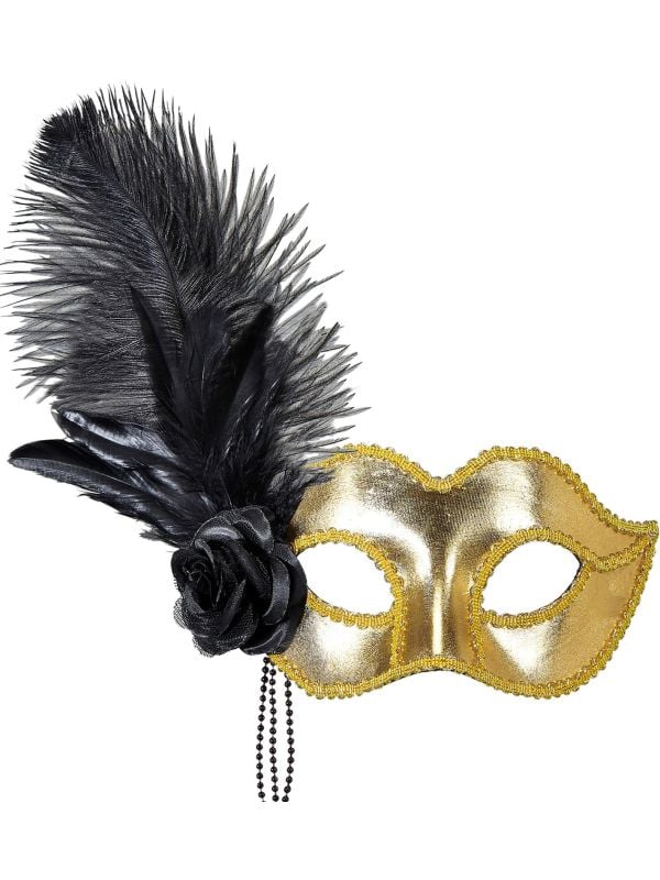 Gouden venetiaans oogmasker met roos en veren