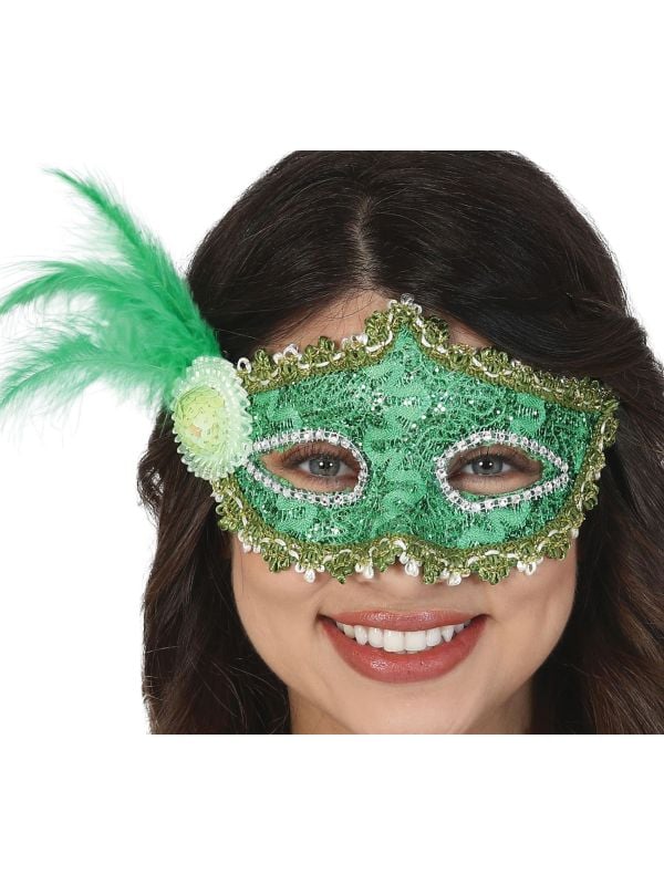Groen Venetiaans Oogmasker met Veren