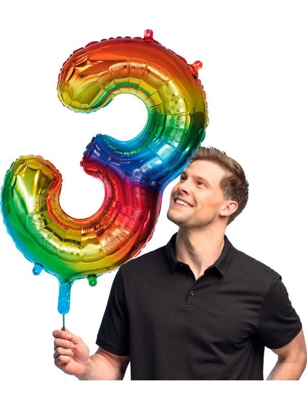 Grote Regenboog Folieballon Cijfer '3' 86 cm