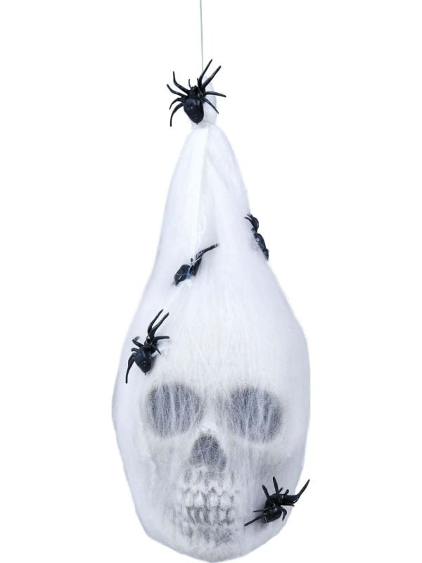 Handecoratie doodshoofd in spinnenweb 25 cm halloween