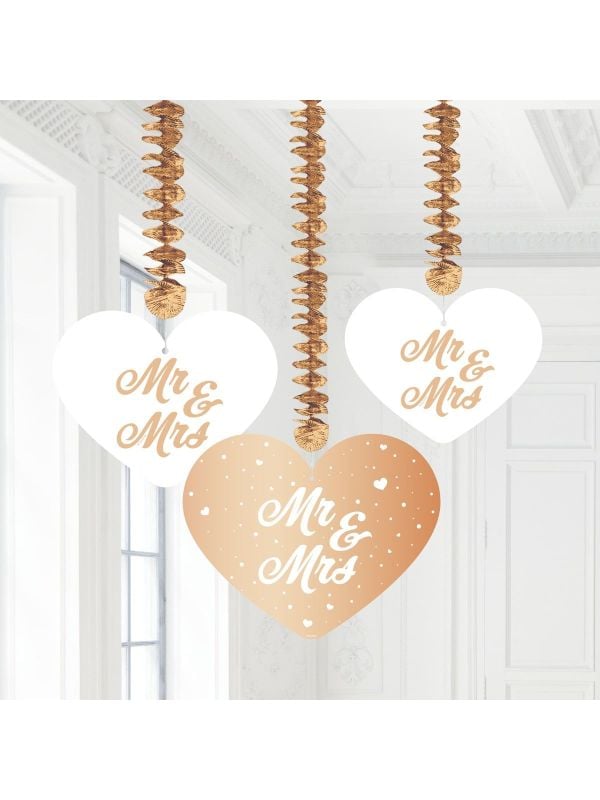 Hangdecoratie harten bruiloft rose goud 3 stuks