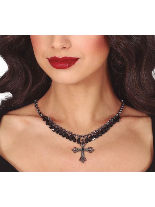 Heilig kruis met mini zwarte edelstenen ketting halloween