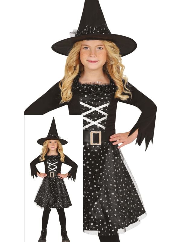 Heks zilveren sterren jurk halloween kind