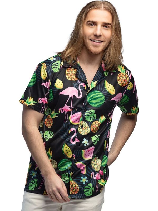 Heren Zwart Flamingo Hawaii Shirt Themafeest