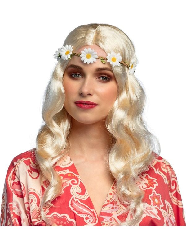 Hippie pruik blond met bloemen