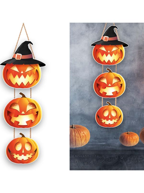Houten decoratie bord 3 pompoenen 64 cm halloween