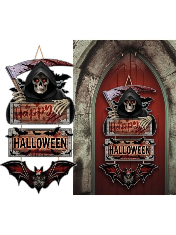 Houten decoratie bord magere hein 3 delig 60 cm halloween