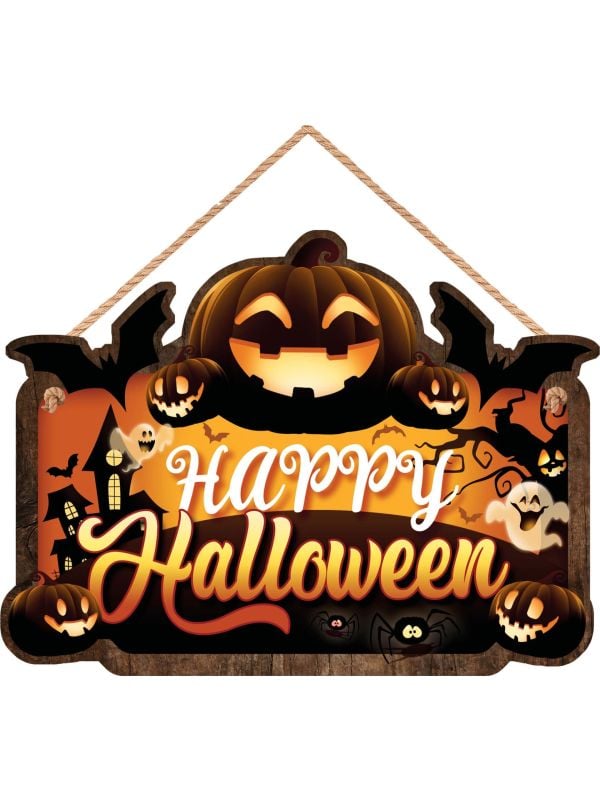 Houten "Happy Halloween" pompoen bord 35 x 20 cm
