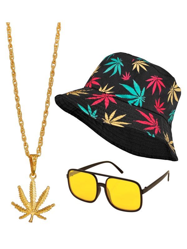 Jaren 90 Hiphop Set met Bucket Hat Glazen en Ketting Wiet