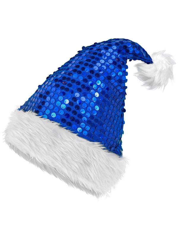 Kerstmuts Blauw met Glanzende Pailletten