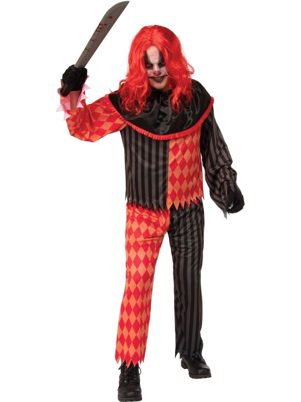Killer Clown Heren Halloween Kostuum Rood Zwarte Ruiten