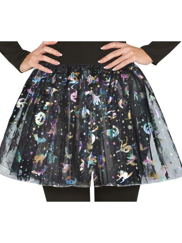 Kleurrijke tutu met halloweenfiguren dames 40 cm