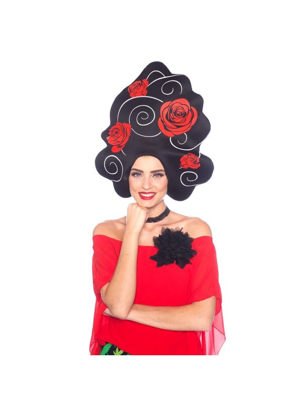 Lyndy foam pruik zwart met rode rozen main product photo