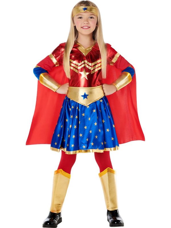 Meisjes Superheldin Kostuum Rood Blauw met Cape