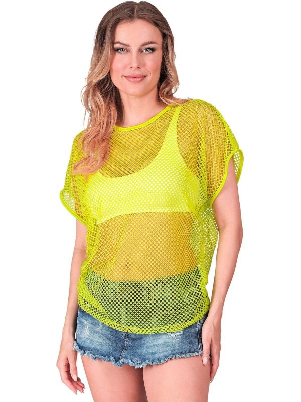 Neon Gele 80s Vrouwen Carnaval Visnet Shirt