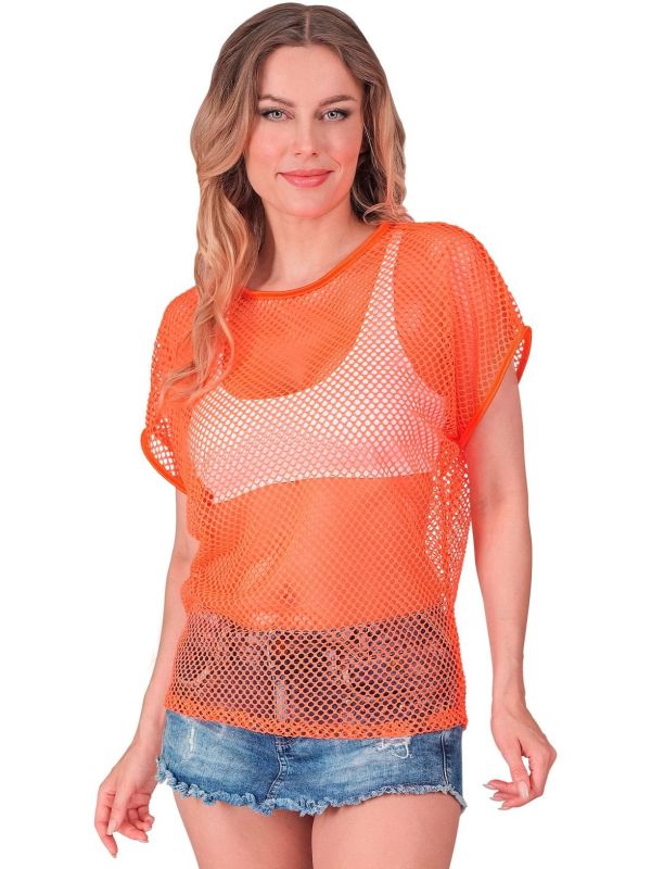 Neon Oranje 80s Vrouwen Carnaval Visnet Shirt