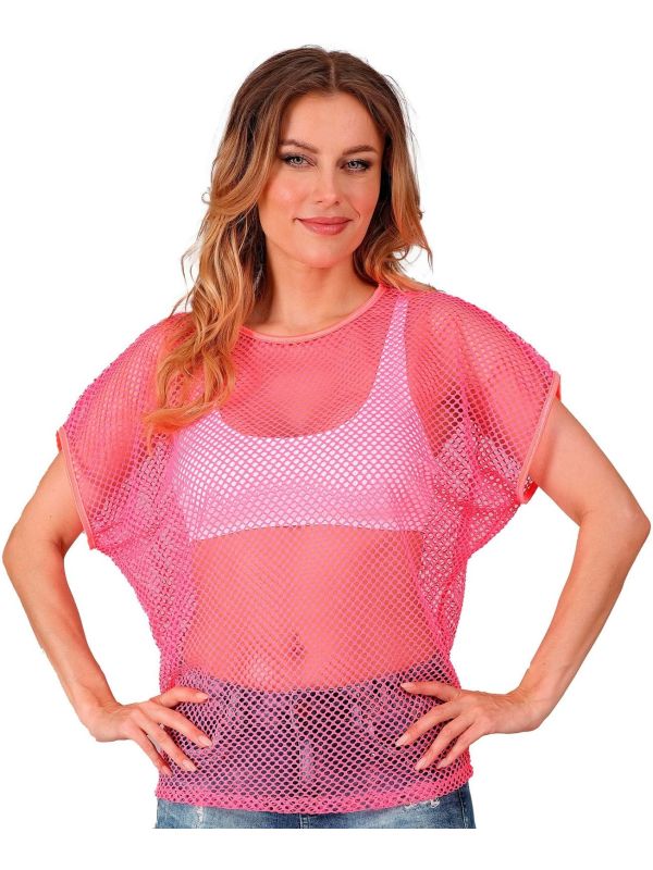 Neon Roze 80s Vrouwen Carnaval Visnet Shirt