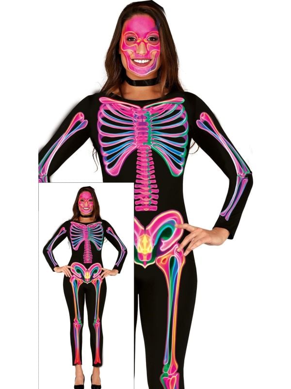 Neon skelet skinsuit halloween dames