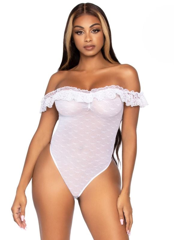 Off the shoulder bodysuit met kanten rushes wit