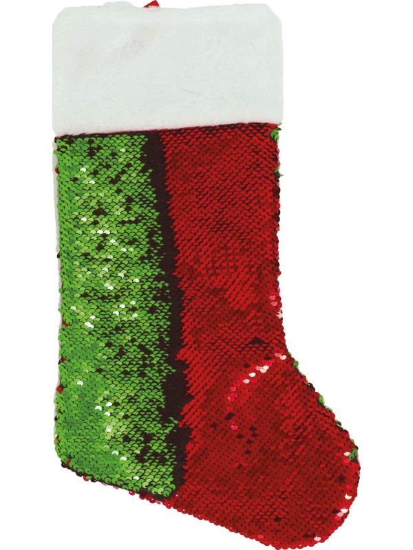 Omkeerbare kerstsok met pailletten rood groen