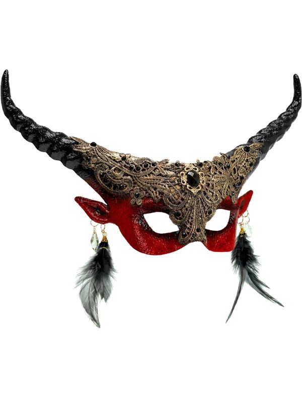 Oogmasker Hoorns Demoon Rood Goud met Oorbellen