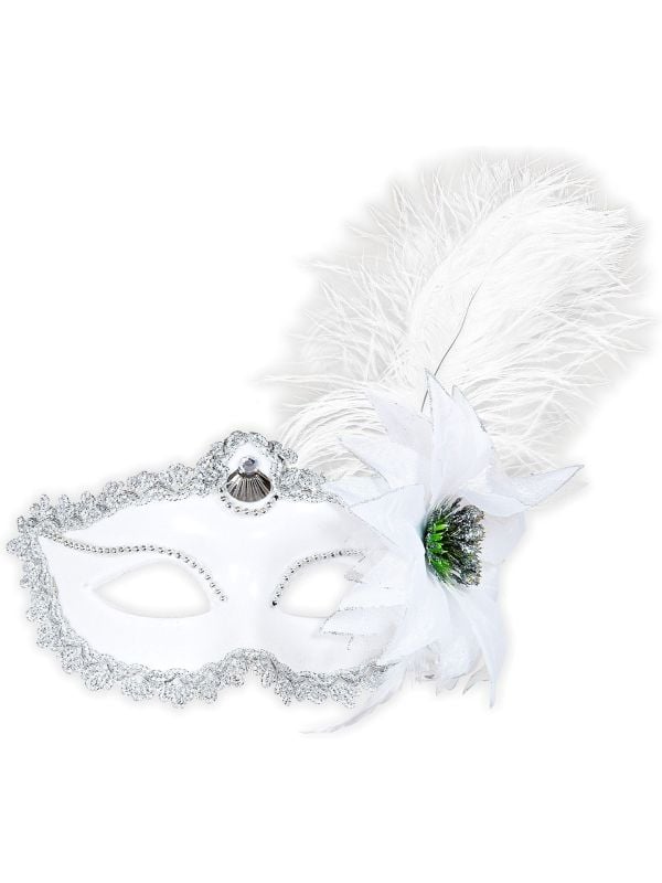 Oogmasker met veer en roos wit